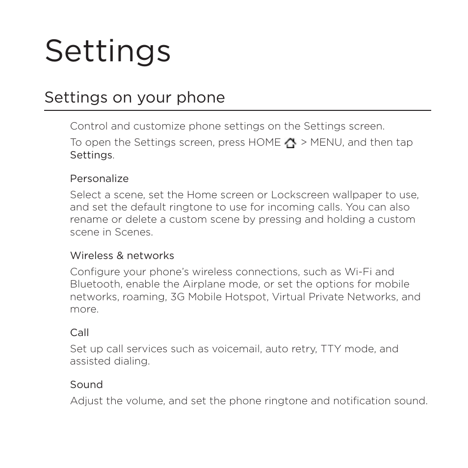 Settings, Settings on your phone | HTC DROID Incredible User Manual | Page 287 / 308