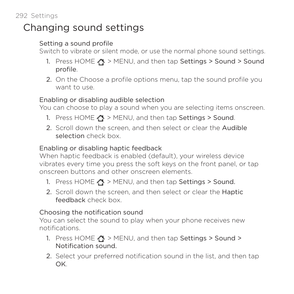 Changing sound settings | HTC DROID Incredible User Manual | Page 292 / 308