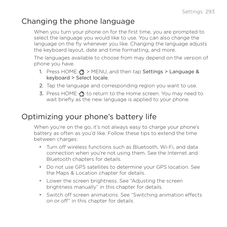 Changing the phone language, Optimizing your phone’s battery life | HTC DROID Incredible User Manual | Page 293 / 308