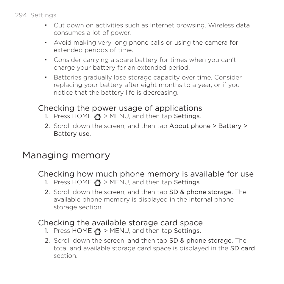 Checking the power usage of applications, Checking the available storage card space | HTC DROID Incredible User Manual | Page 294 / 308