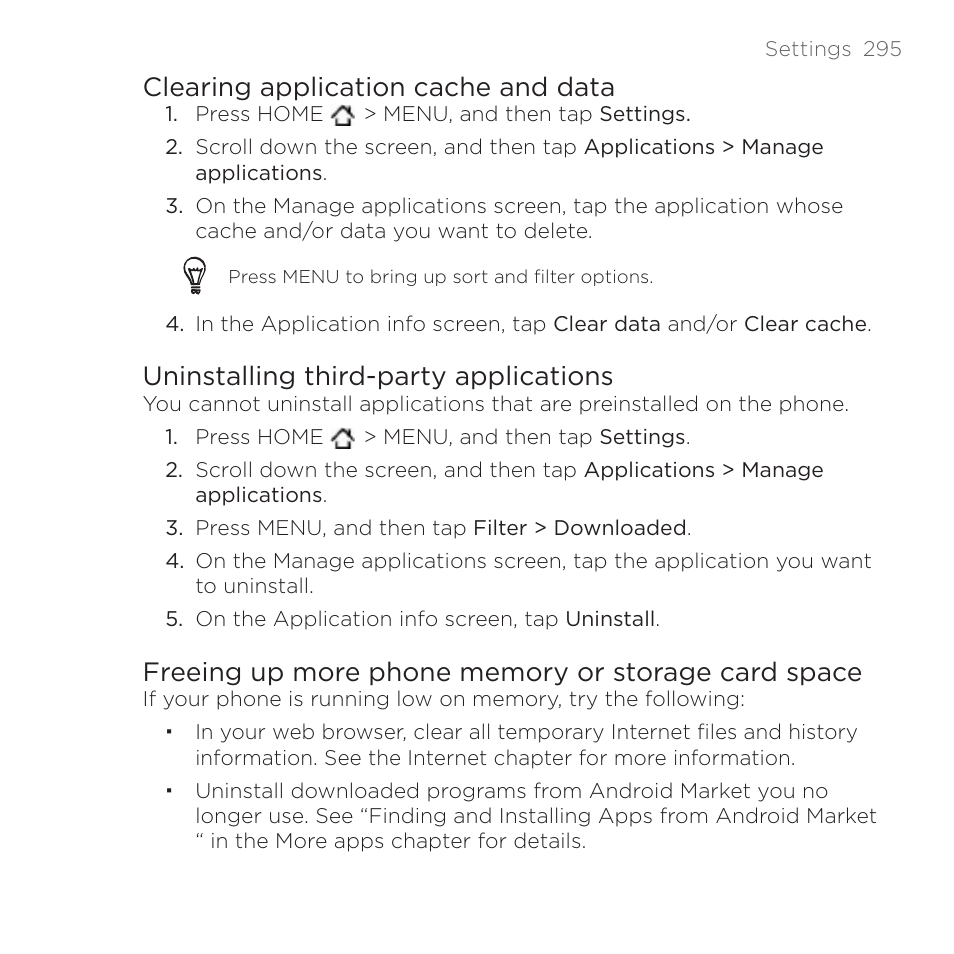 Clearing application cache and data, Uninstalling third-party applications | HTC DROID Incredible User Manual | Page 295 / 308