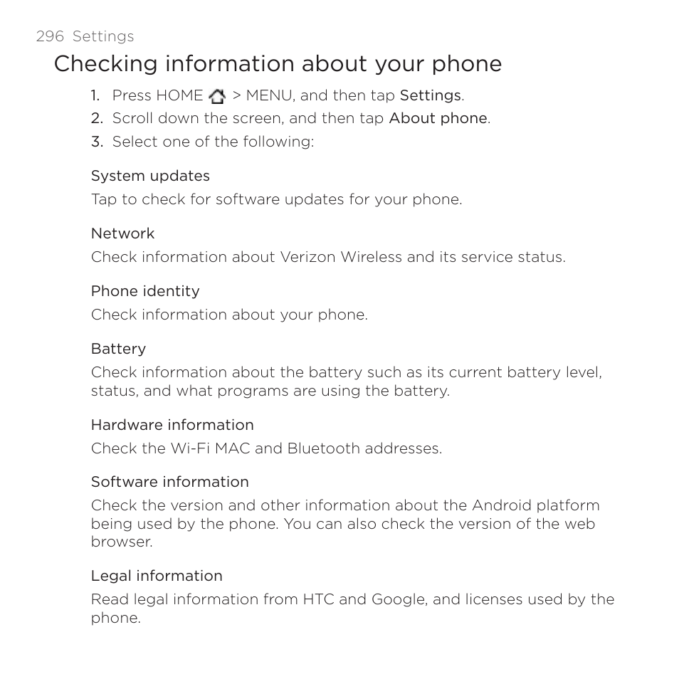 Checking information about your phone | HTC DROID Incredible User Manual | Page 296 / 308