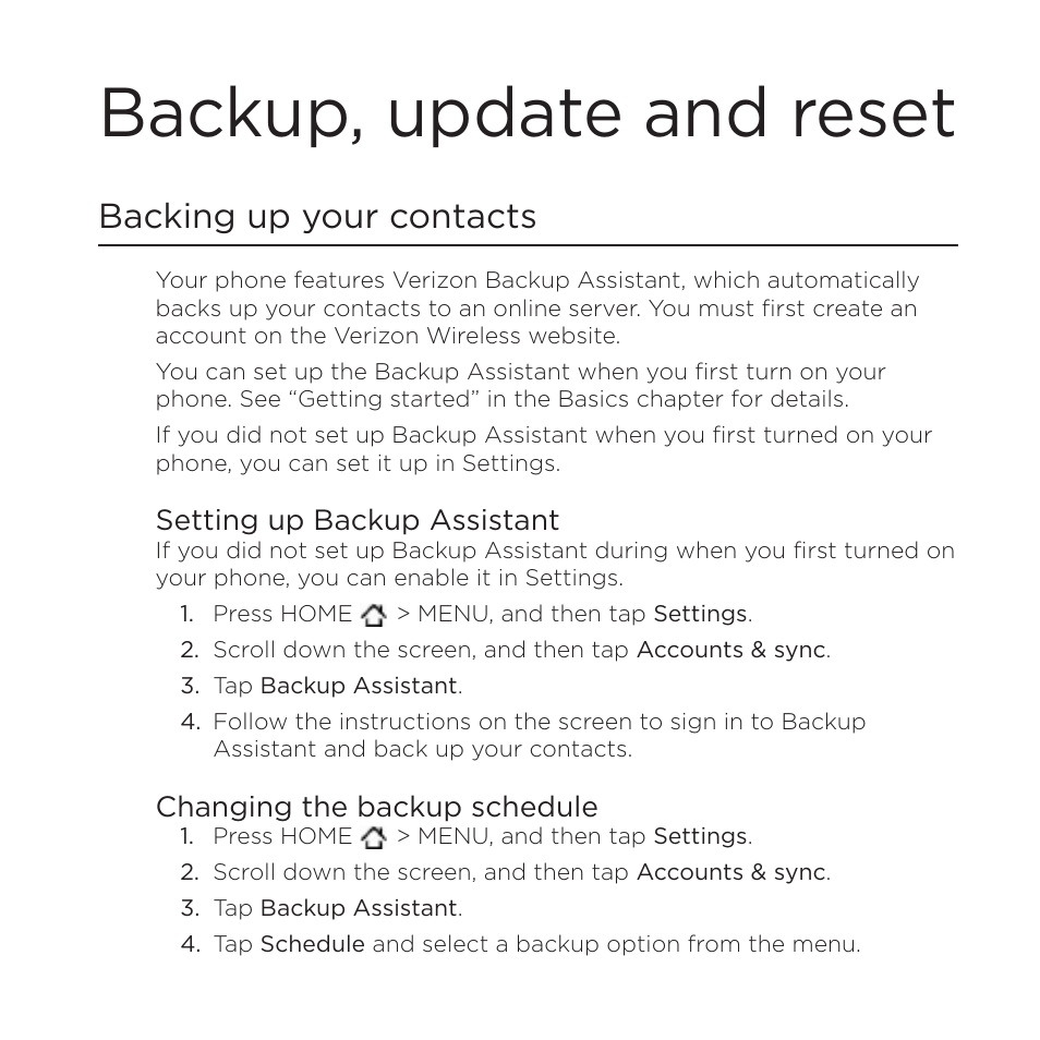 Backup, update and reset, Backing up your contacts | HTC DROID Incredible User Manual | Page 297 / 308