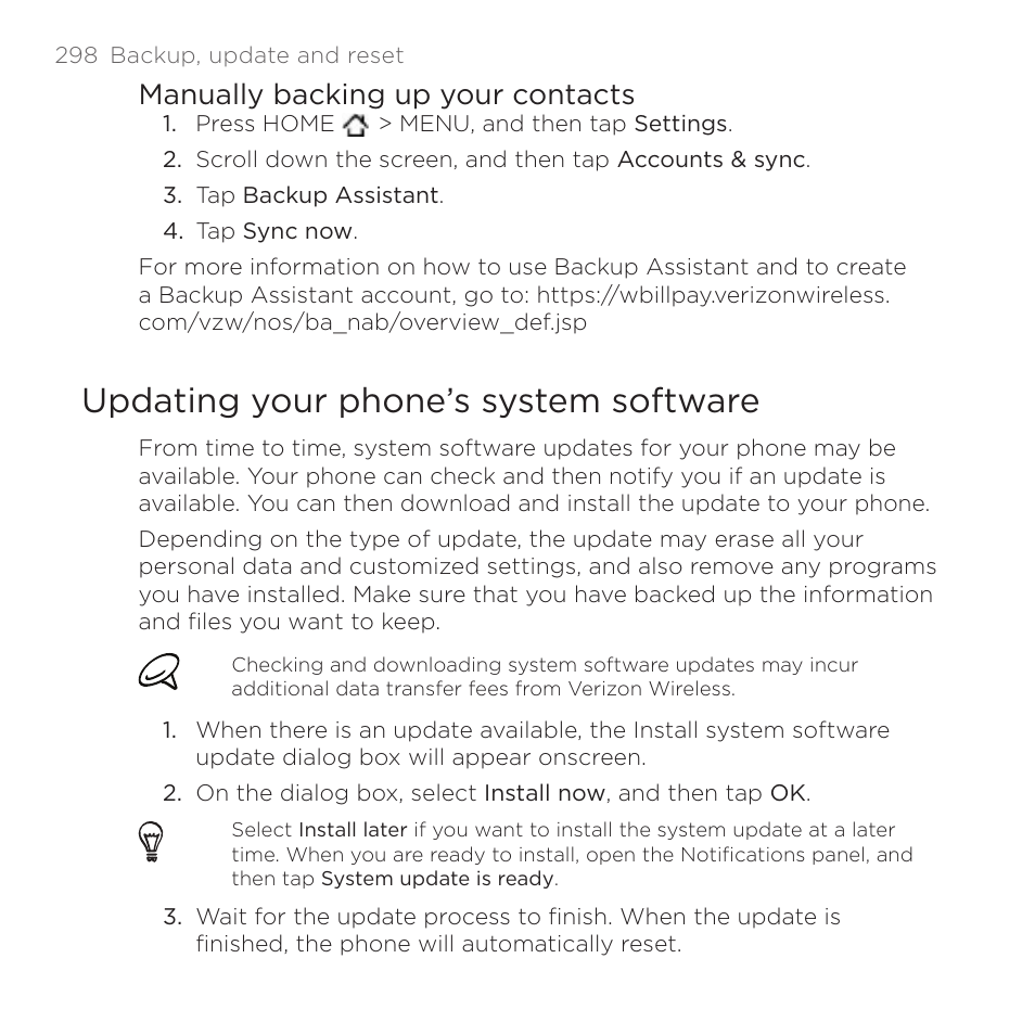 Updating your phone’s system software, Manually backing up your contacts | HTC DROID Incredible User Manual | Page 298 / 308