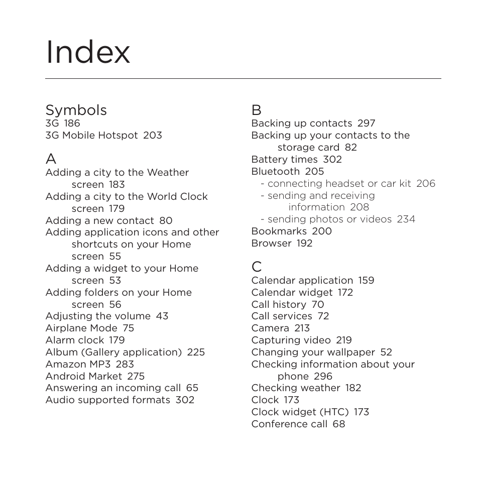 Index, Symbols | HTC DROID Incredible User Manual | Page 303 / 308