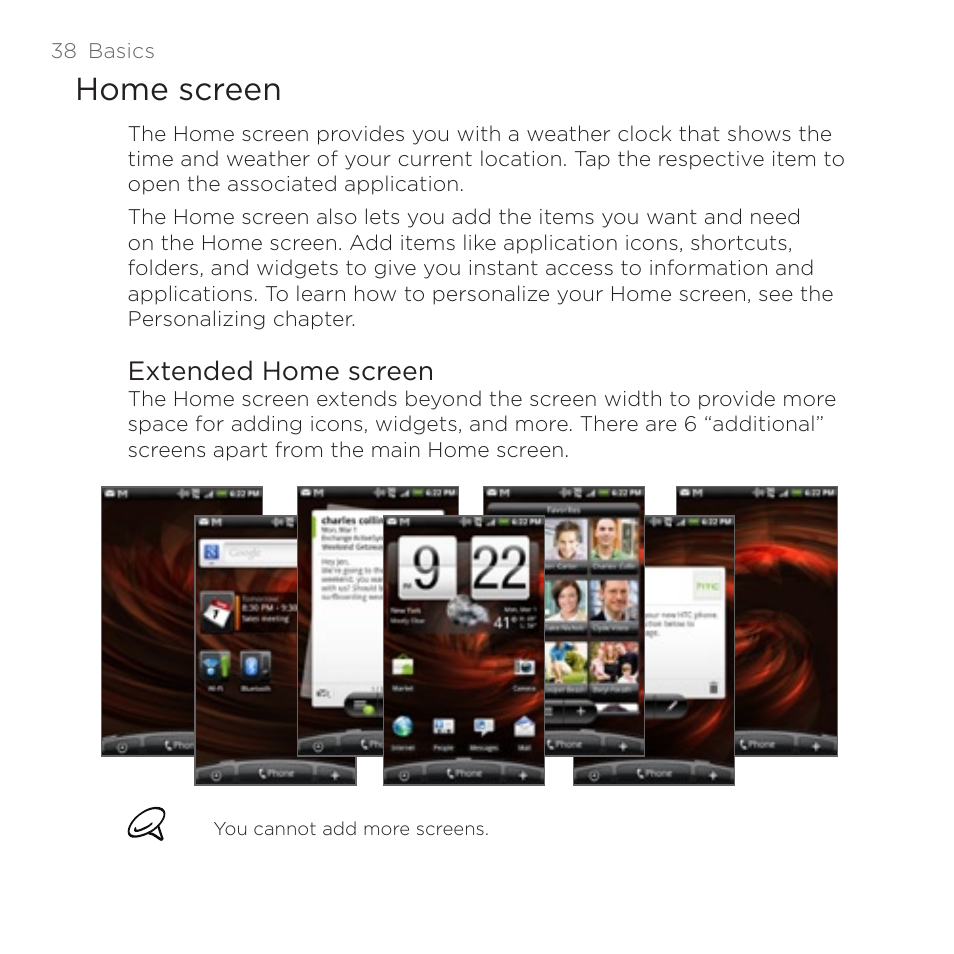 Home screen, Extended home screen | HTC DROID Incredible User Manual | Page 38 / 308