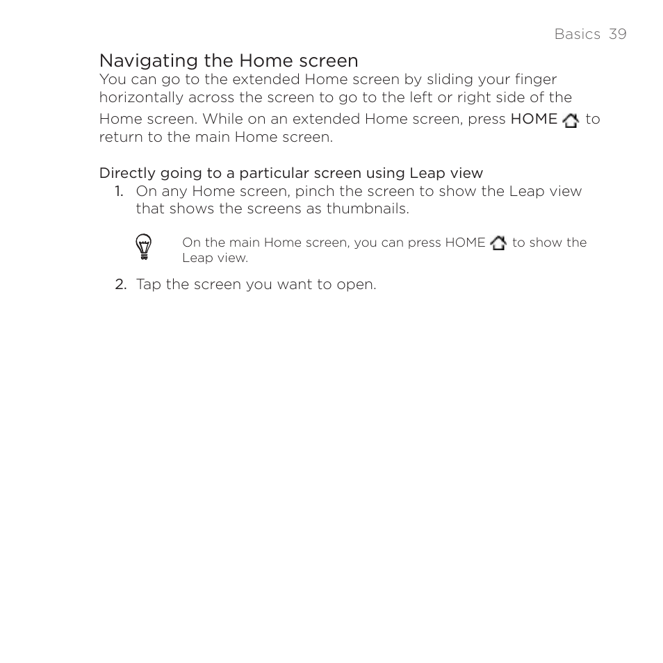 Navigating the home screen | HTC DROID Incredible User Manual | Page 39 / 308