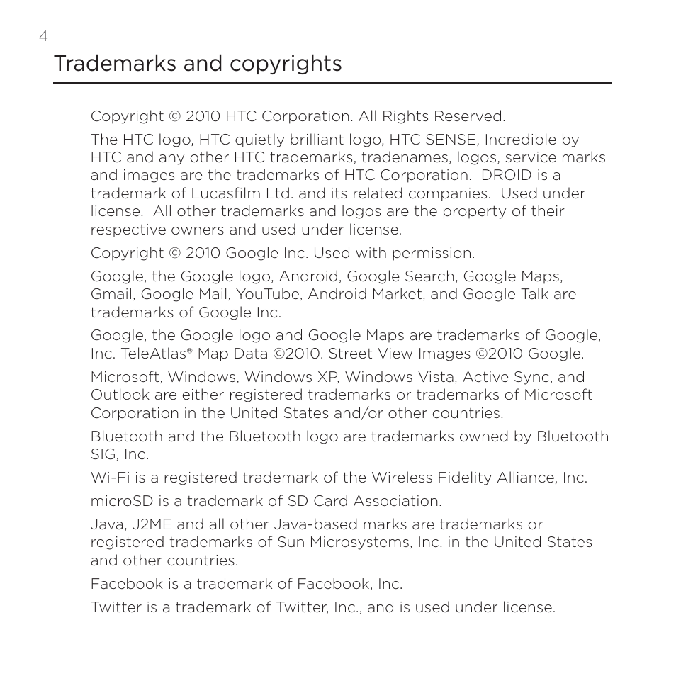 Trademarks and copyrights | HTC DROID Incredible User Manual | Page 4 / 308