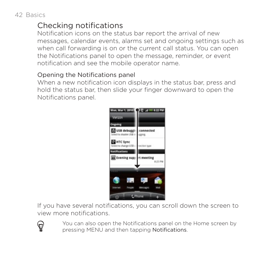 Checking notifications | HTC DROID Incredible User Manual | Page 42 / 308