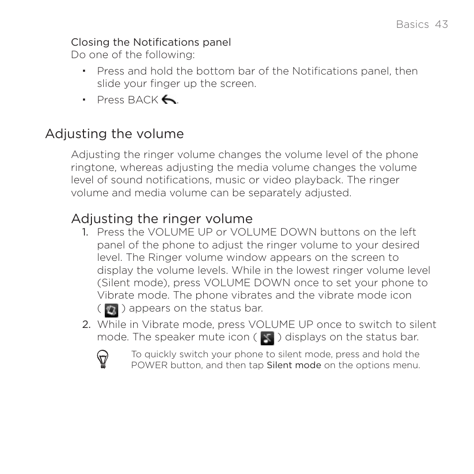 Adjusting the volume, Adjusting the ringer volume | HTC DROID Incredible User Manual | Page 43 / 308