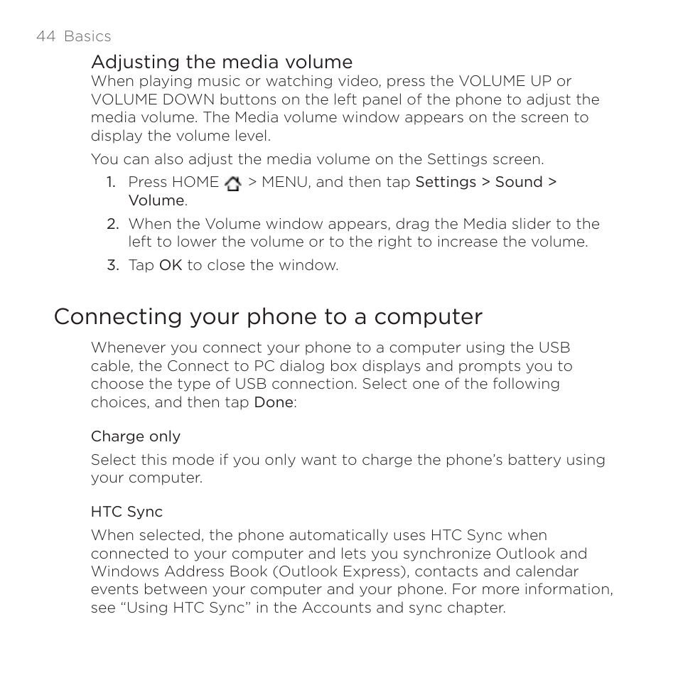 Connecting your phone to a computer, Adjusting the media volume | HTC DROID Incredible User Manual | Page 44 / 308