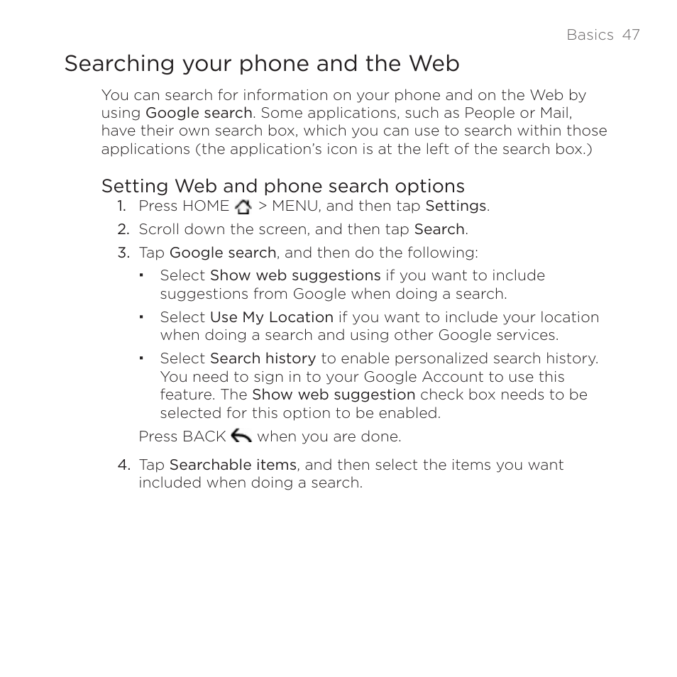 Searching your phone and the web, Setting web and phone search options | HTC DROID Incredible User Manual | Page 47 / 308