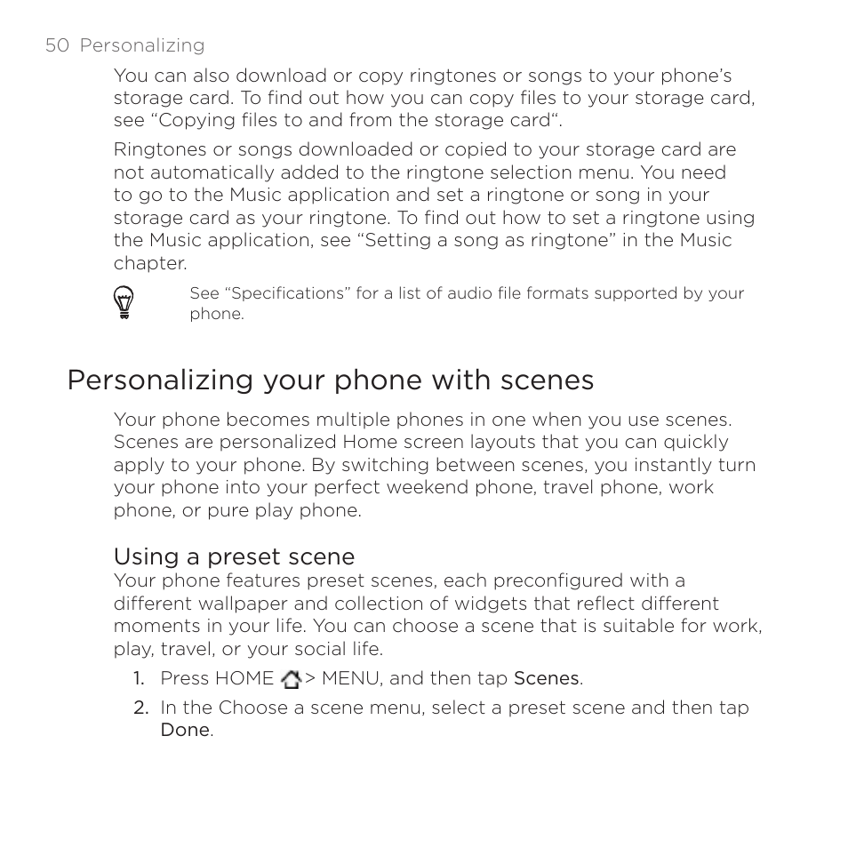 Personalizing your phone with scenes, Using a preset scene | HTC DROID Incredible User Manual | Page 50 / 308