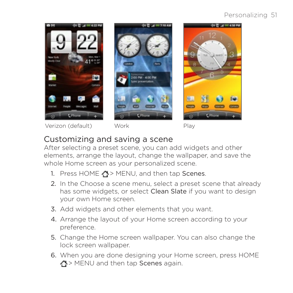 Customizing and saving a scene | HTC DROID Incredible User Manual | Page 51 / 308
