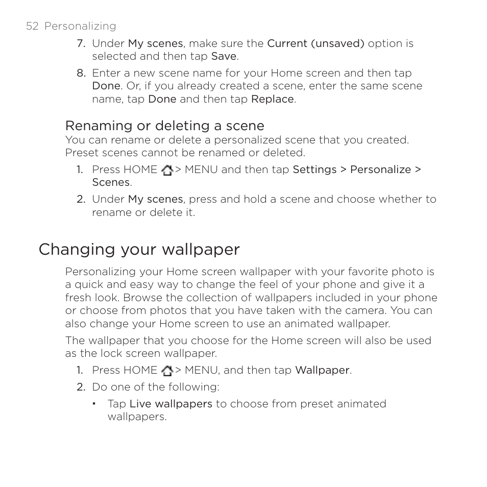 Changing your wallpaper, Renaming or deleting a scene | HTC DROID Incredible User Manual | Page 52 / 308