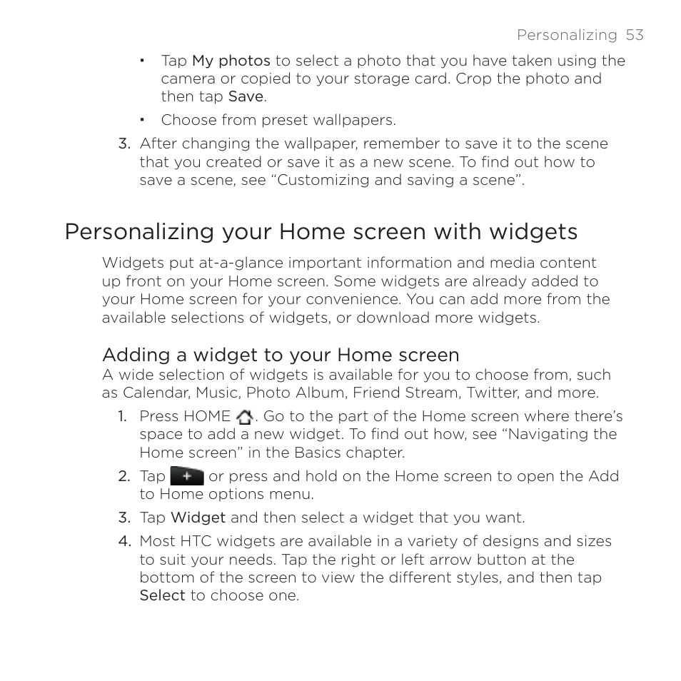 Personalizing your home screen with widgets, Adding a widget to your home screen | HTC DROID Incredible User Manual | Page 53 / 308
