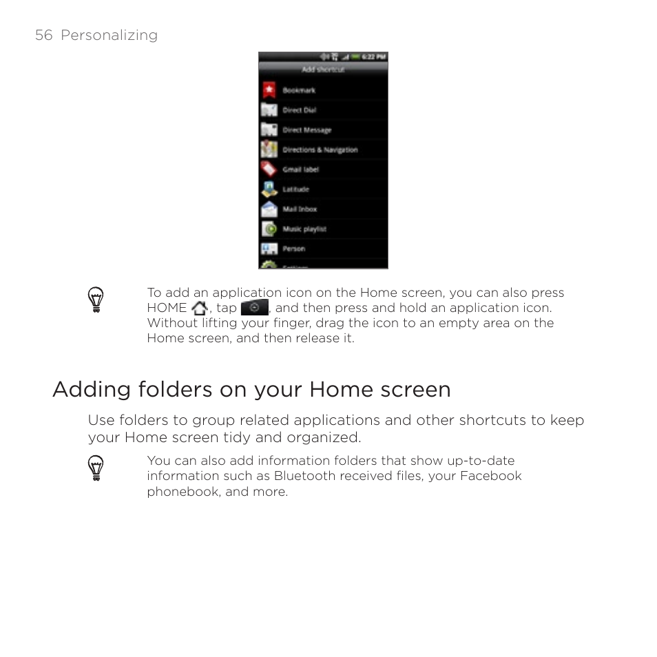 Adding folders on your home screen | HTC DROID Incredible User Manual | Page 56 / 308