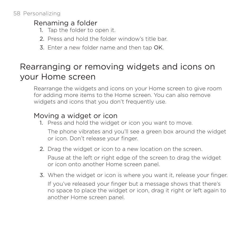 Renaming a folder, Moving a widget or icon | HTC DROID Incredible User Manual | Page 58 / 308