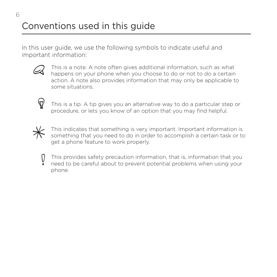 Conventions used in this guide | HTC DROID Incredible User Manual | Page 6 / 308