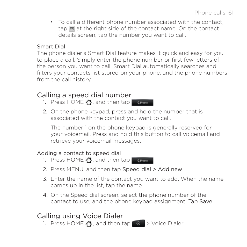 Calling a speed dial number, Calling using voice dialer | HTC DROID Incredible User Manual | Page 61 / 308