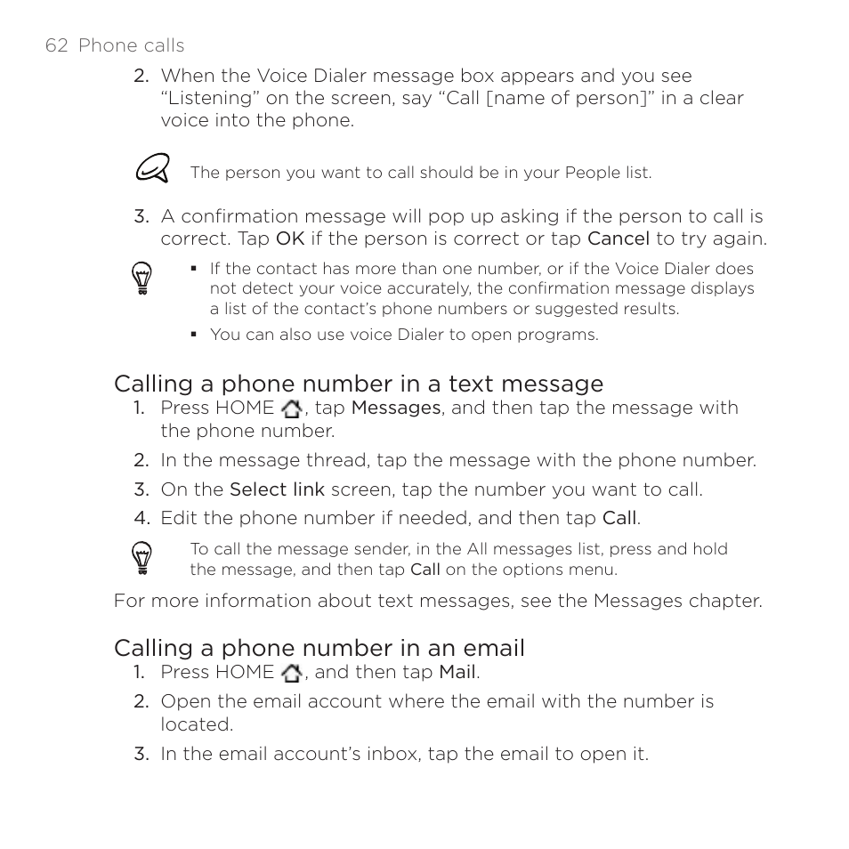 Calling a phone number in a text message, Calling a phone number in an email | HTC DROID Incredible User Manual | Page 62 / 308