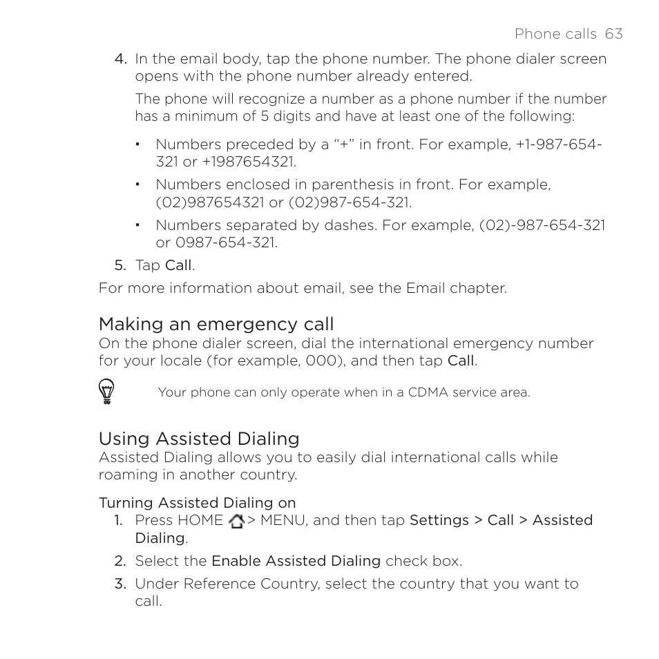 Making an emergency call, Using assisted dialing | HTC DROID Incredible User Manual | Page 63 / 308