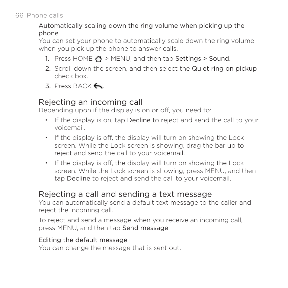 Rejecting an incoming call, Rejecting a call and sending a text message | HTC DROID Incredible User Manual | Page 66 / 308