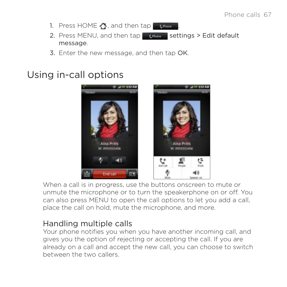 Using in-call options, Handling multiple calls | HTC DROID Incredible User Manual | Page 67 / 308