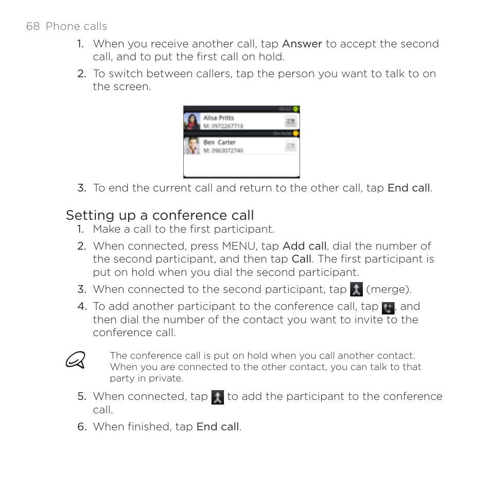 Setting up a conference call | HTC DROID Incredible User Manual | Page 68 / 308