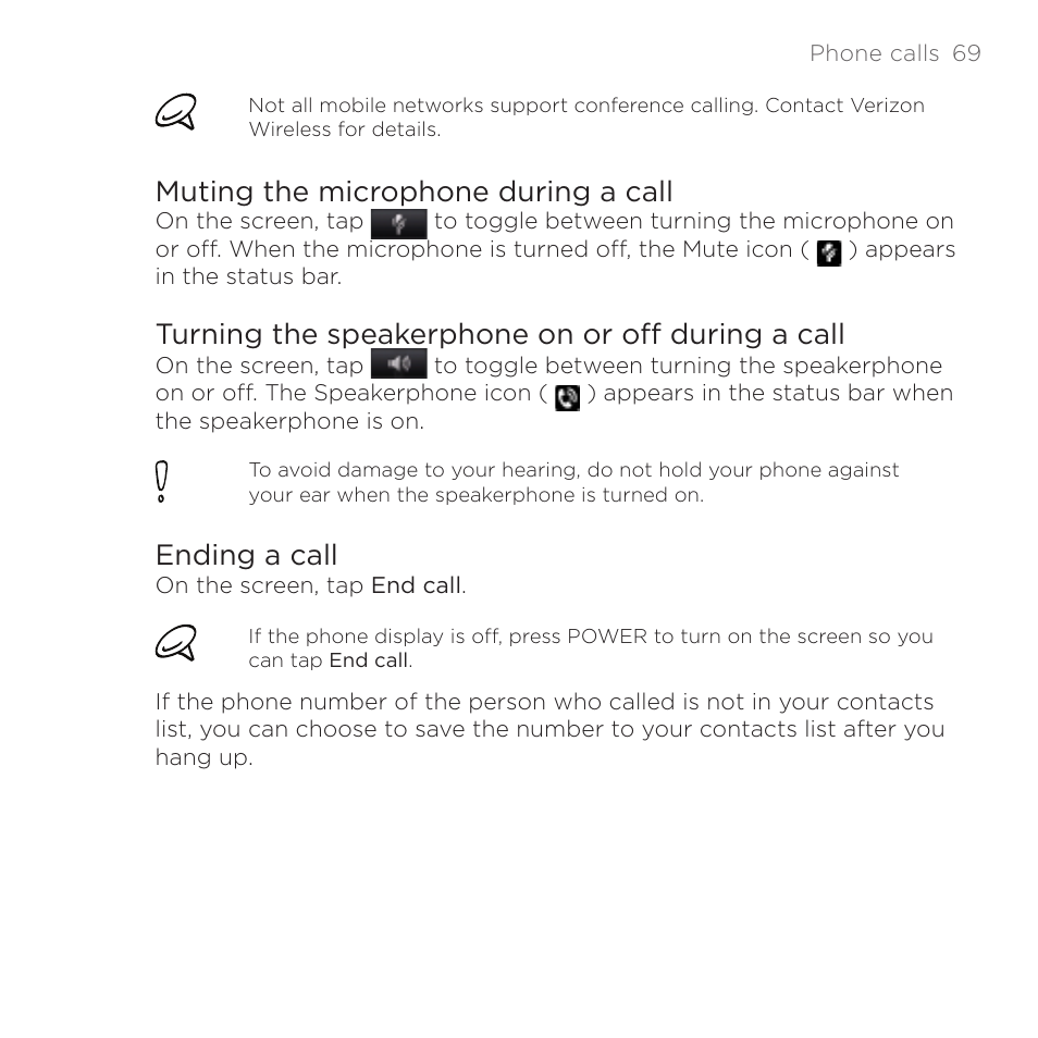 Muting the microphone during a call, Turning the speakerphone on or off during a call, Ending a call | HTC DROID Incredible User Manual | Page 69 / 308