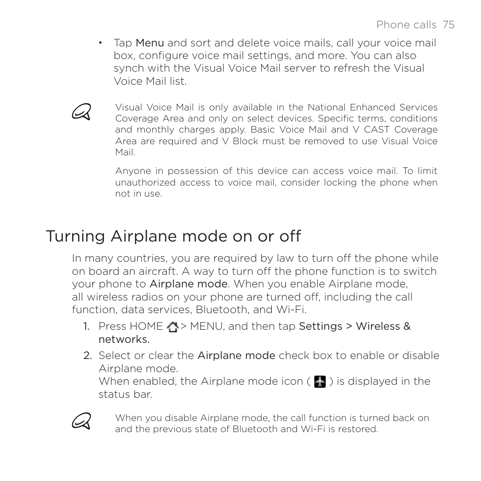 Turning airplane mode on or off | HTC DROID Incredible User Manual | Page 75 / 308