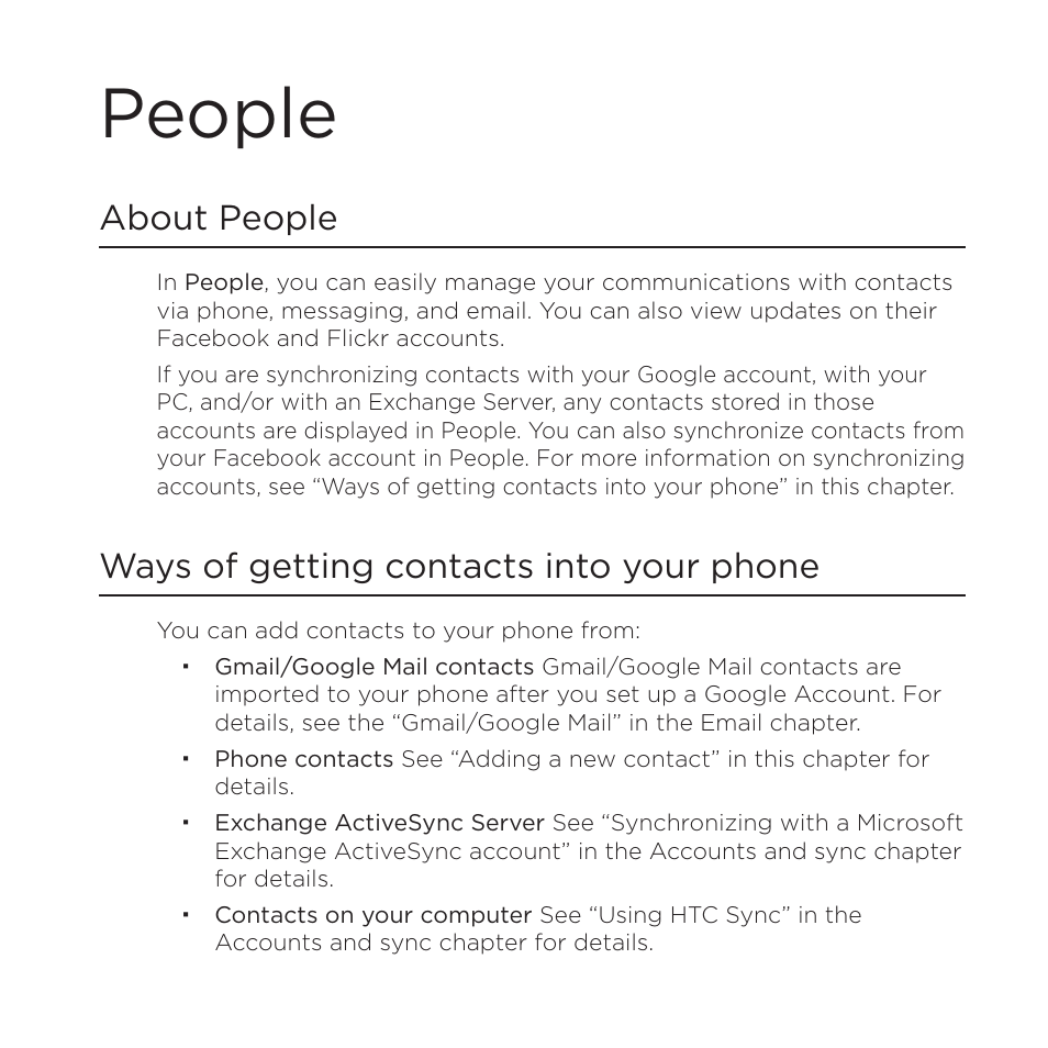 People, About people, Ways of getting contacts into your phone | HTC DROID Incredible User Manual | Page 76 / 308