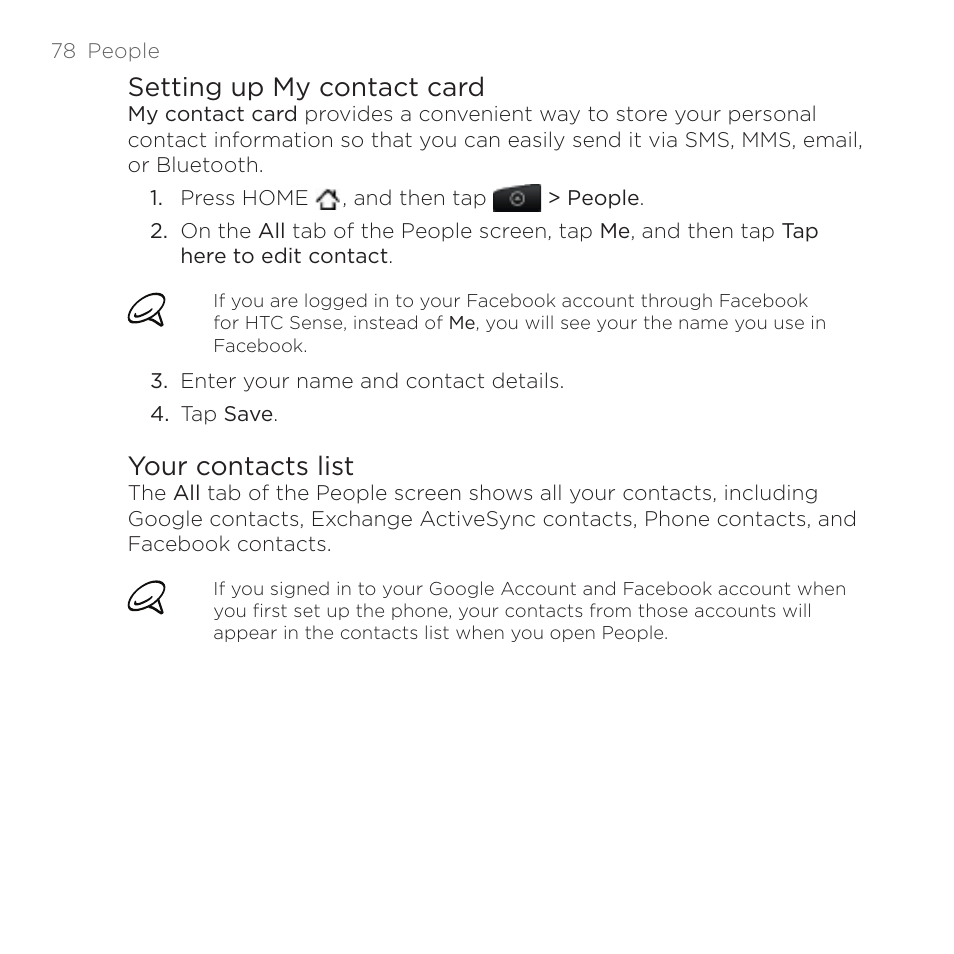 Setting up my contact card, Your contacts list | HTC DROID Incredible User Manual | Page 78 / 308