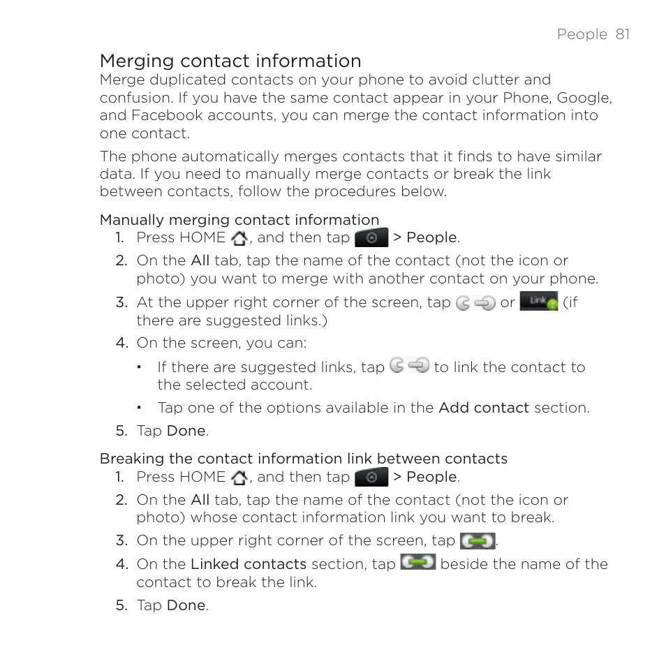 Merging contact information | HTC DROID Incredible User Manual | Page 81 / 308