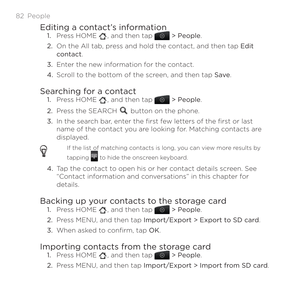 Editing a contact’s information, Searching for a contact, Backing up your contacts to the storage card | Importing contacts from the storage card | HTC DROID Incredible User Manual | Page 82 / 308