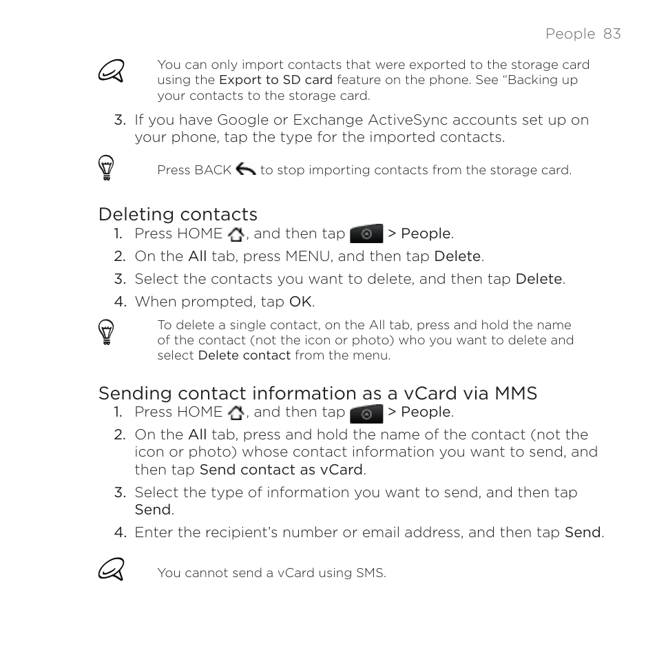 Deleting contacts, Sending contact information as a vcard via mms | HTC DROID Incredible User Manual | Page 83 / 308