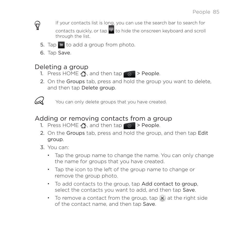 Deleting a group, Adding or removing contacts from a group | HTC DROID Incredible User Manual | Page 85 / 308