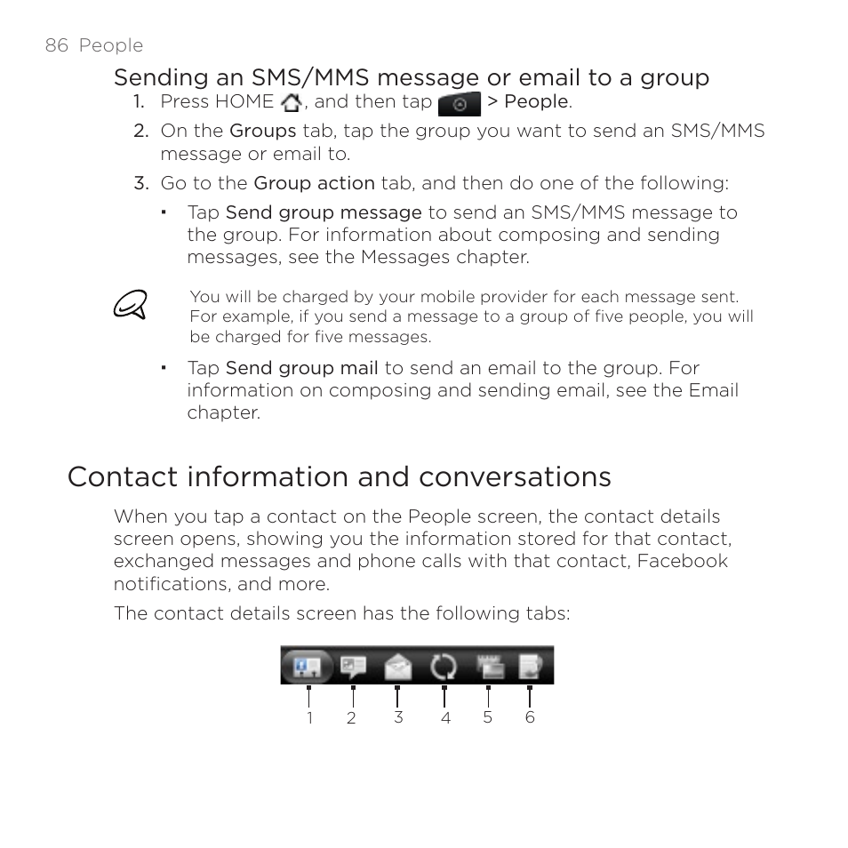 Contact information and conversations, Sending an sms/mms message or email to a group | HTC DROID Incredible User Manual | Page 86 / 308