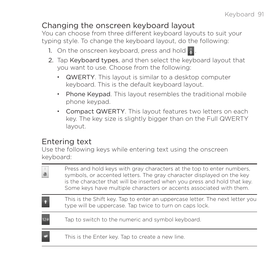 Changing the onscreen keyboard layout, Entering text | HTC DROID Incredible User Manual | Page 91 / 308