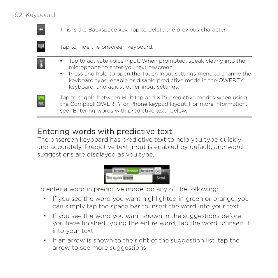 Entering words with predictive text | HTC DROID Incredible User Manual | Page 92 / 308