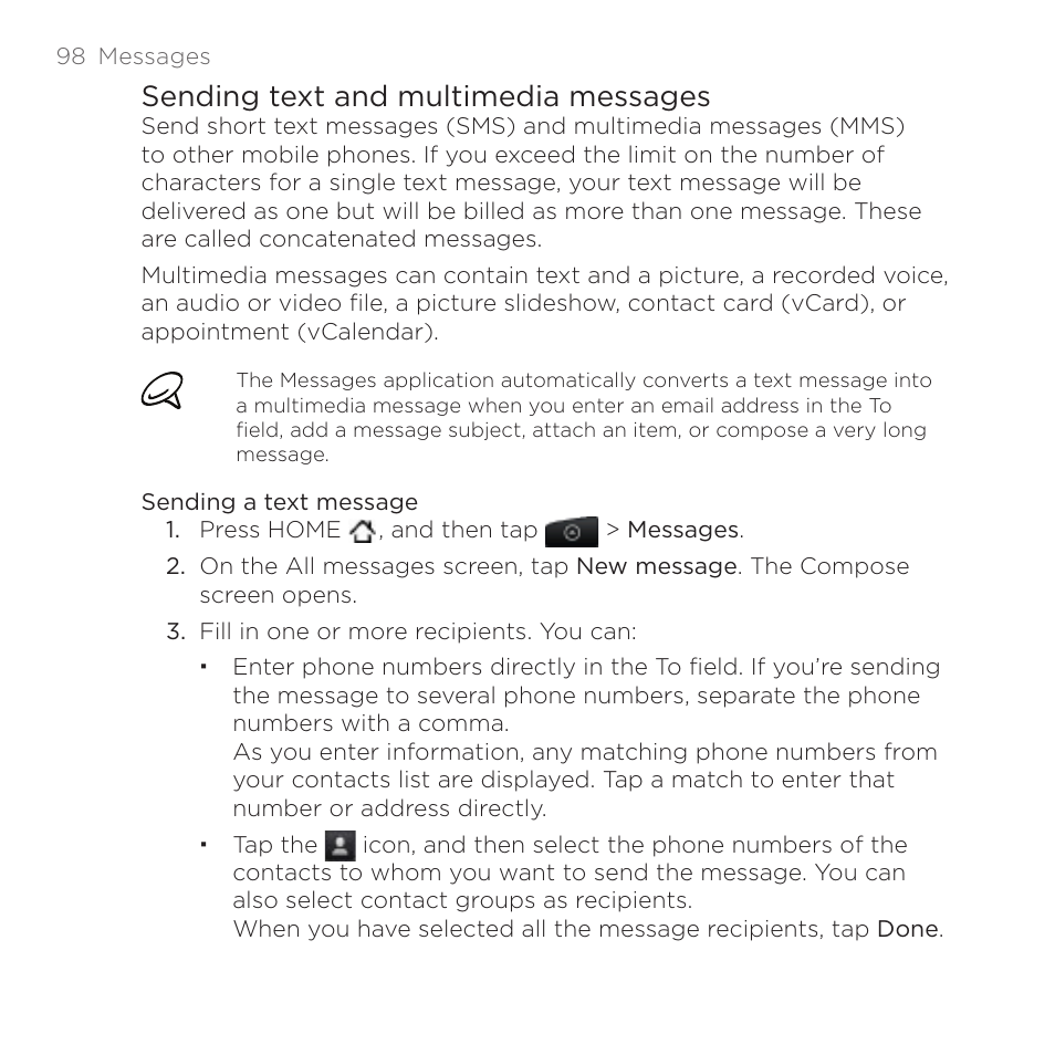 Sending text and multimedia messages | HTC DROID Incredible User Manual | Page 98 / 308