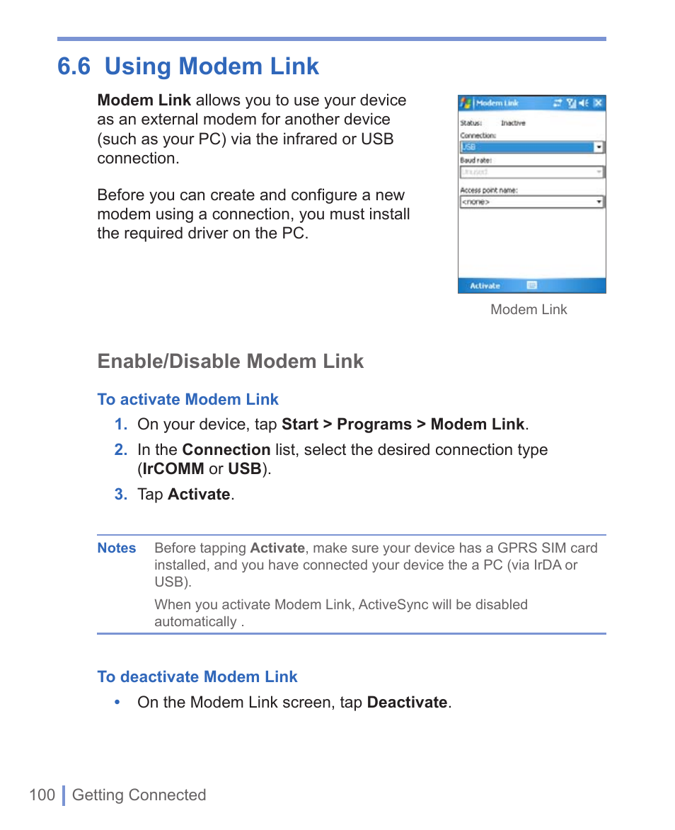 6 using modem link, Enable/disable modem link | HTC 8125 User Manual | Page 100 / 192