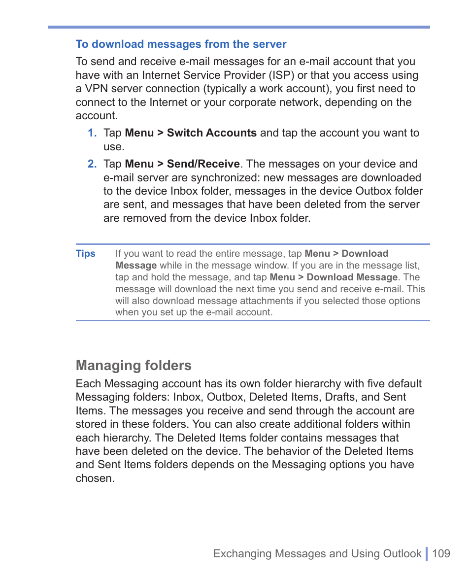 Managing folders | HTC 8125 User Manual | Page 109 / 192