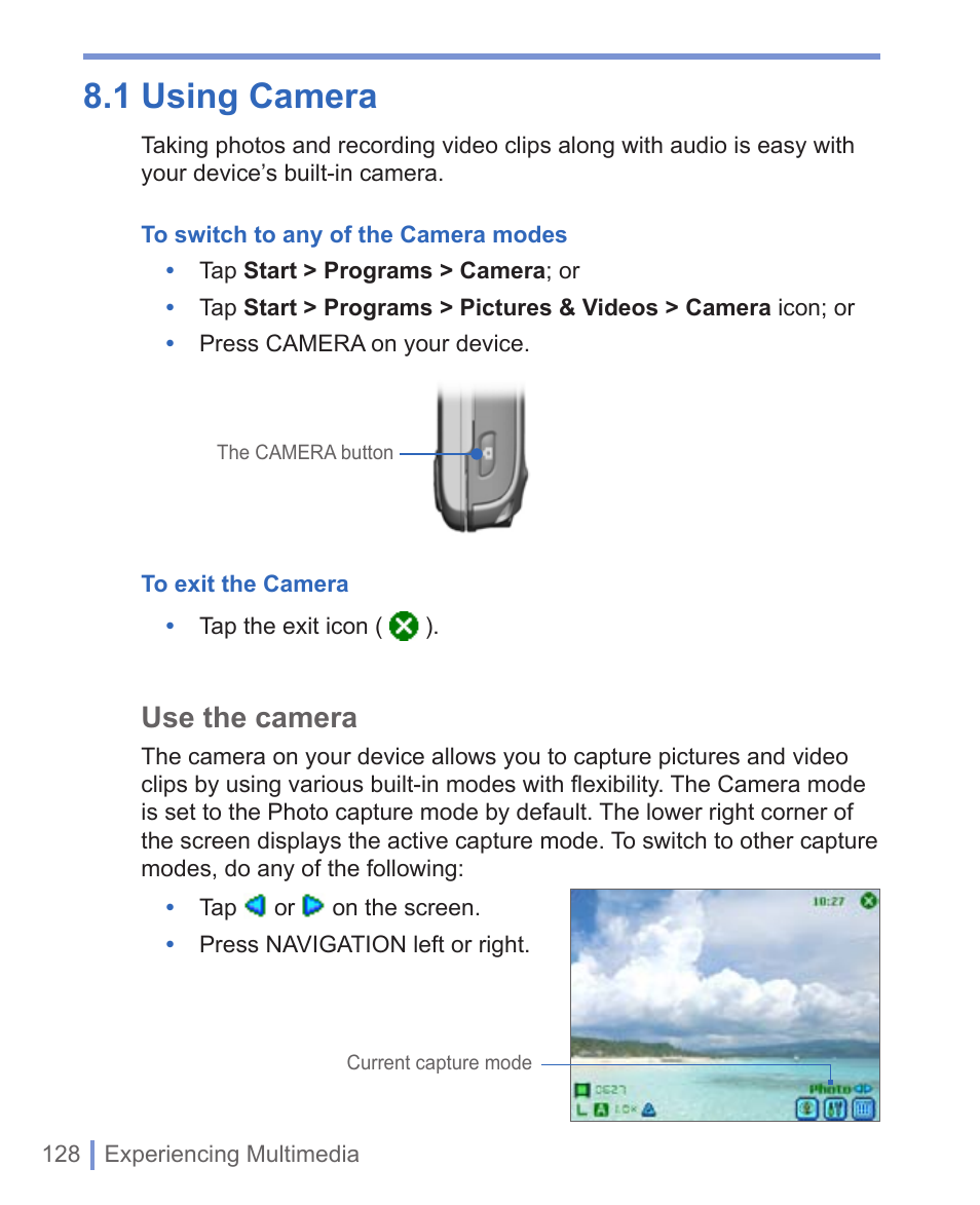 1 using camera, Use the camera | HTC 8125 User Manual | Page 128 / 192