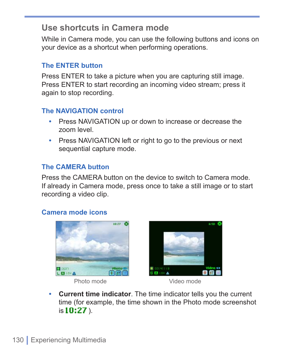 Use shortcuts in camera mode | HTC 8125 User Manual | Page 130 / 192