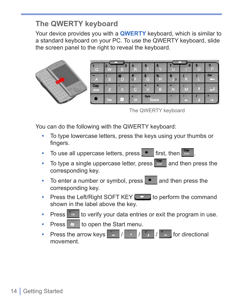 The qwerty keyboard | HTC 8125 User Manual | Page 14 / 192