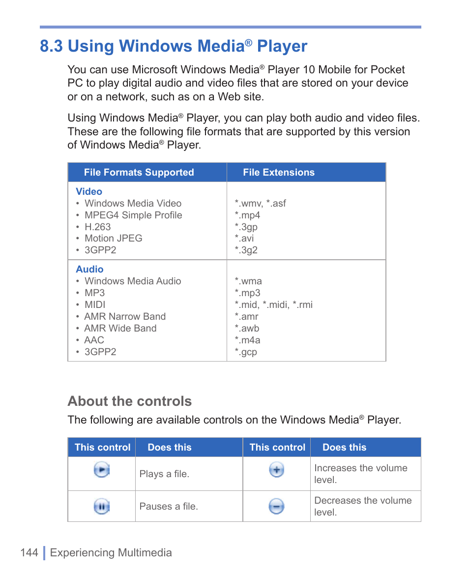 3 using windows media, Player, About the controls | HTC 8125 User Manual | Page 144 / 192