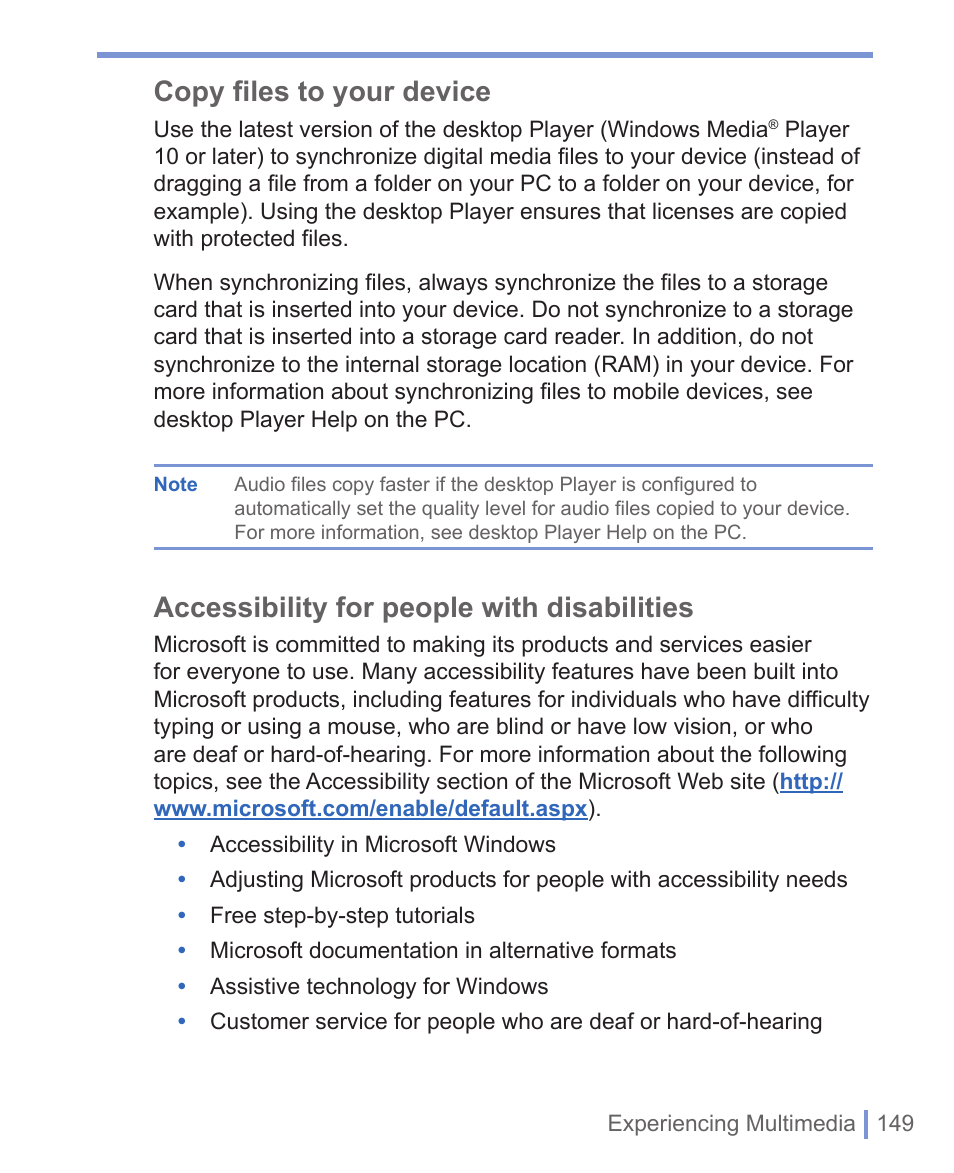 Copy files to your device, Accessibility for people with disabilities | HTC 8125 User Manual | Page 149 / 192