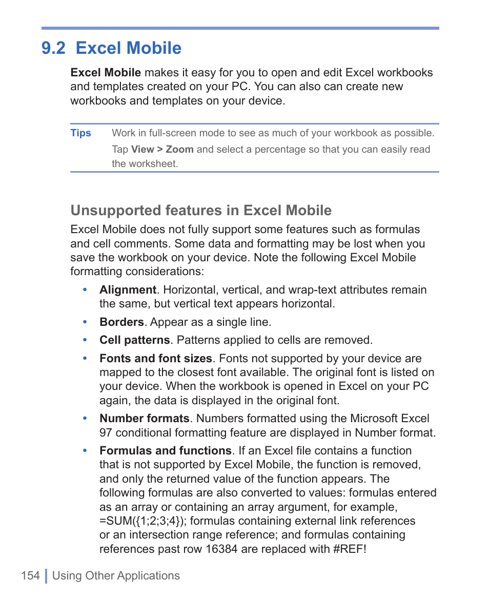 2 excel mobile, Unsupported features in excel mobile | HTC 8125 User Manual | Page 154 / 192