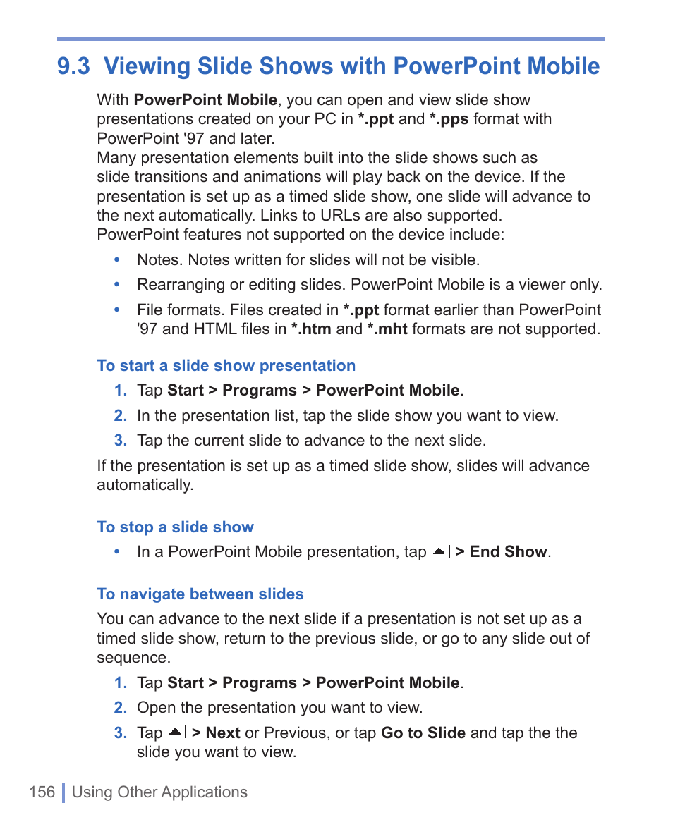 3 viewing slide shows with, Powerpoint mobile, 3 viewing slide shows with powerpoint mobile | HTC 8125 User Manual | Page 156 / 192